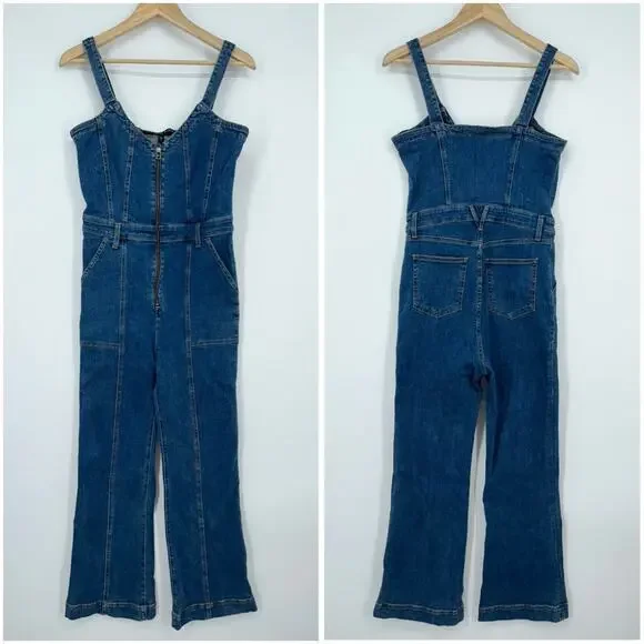 VERONICA BEARD Fayre Jumpsuit Denim Flare Leg Front Zip V Neck Blue NWT